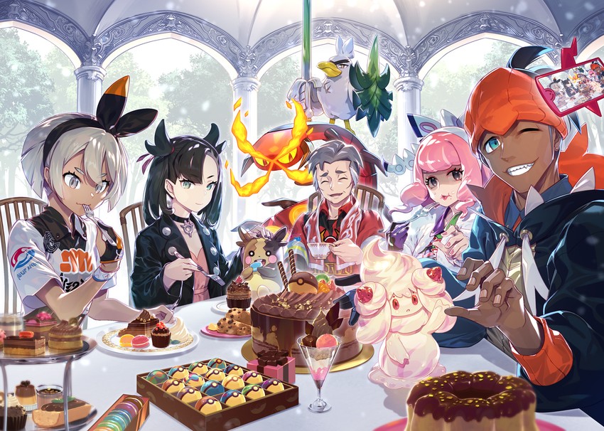 marnie, raihan, rotom, bea, rotom phone, and 6 more (pokemon and 1 more) drawn by zounose