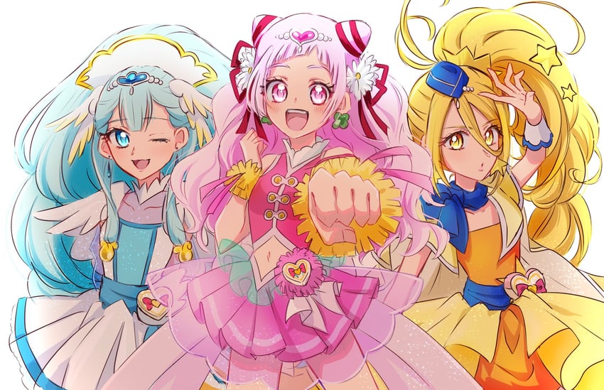 nono hana, yakushiji saaya, cure yell, kagayaki homare, cure ange, and 1 more (precure and 1 more) drawn by fpminnie1