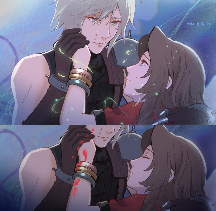 cloud strife and aerith gainsborough (final fantasy and 3 more) drawn by softp3ach