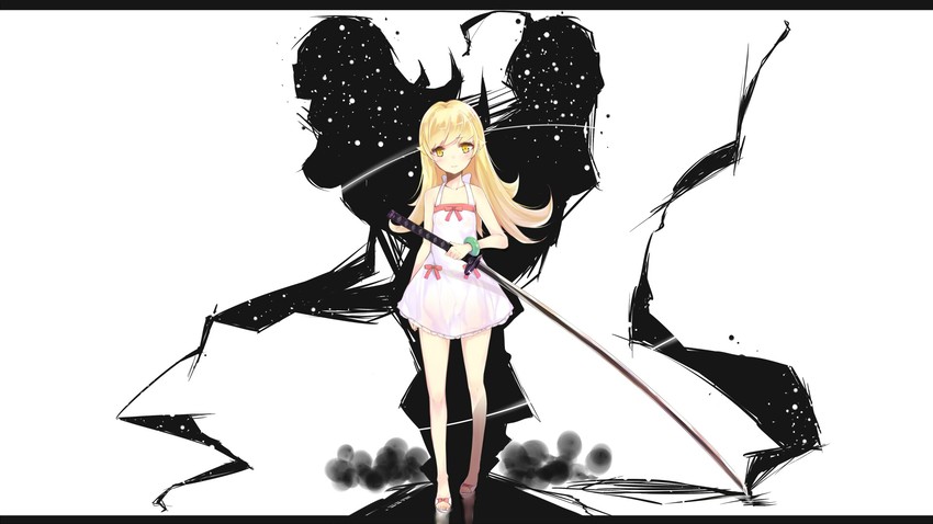 oshino shinobu, araragi koyomi, and kiss-shot acerola-orion heart-under-blade (monogatari and 1 more) drawn by kojiki-life