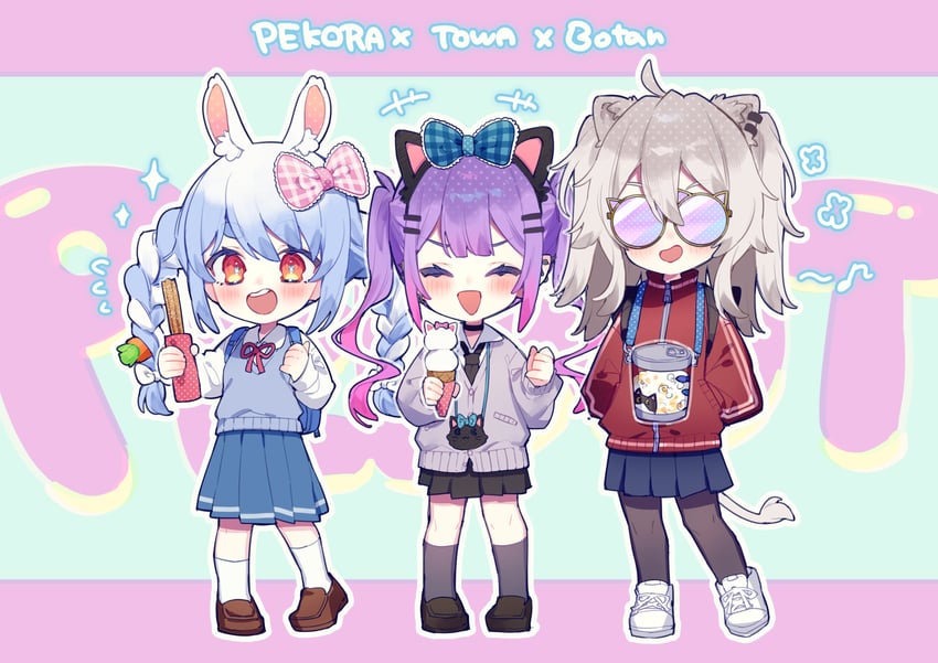 usada pekora, tokoyami towa, and shishiro botan (hololive) drawn by chiyomaru_(yumichiyo0606)