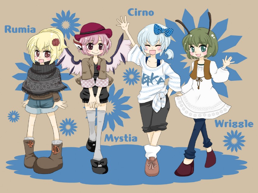 cirno, rumia, mystia lorelei, and wriggle nightbug (touhou) drawn by naruse_narrow