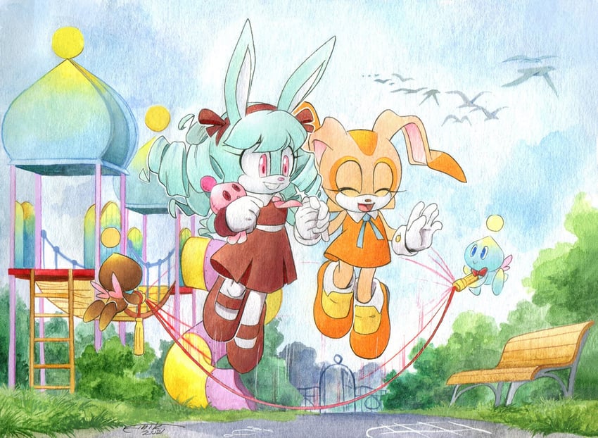 cream the rabbit, neutral chao, cheese, anya the rabbit, and chocola (original and 1 more) drawn by finik