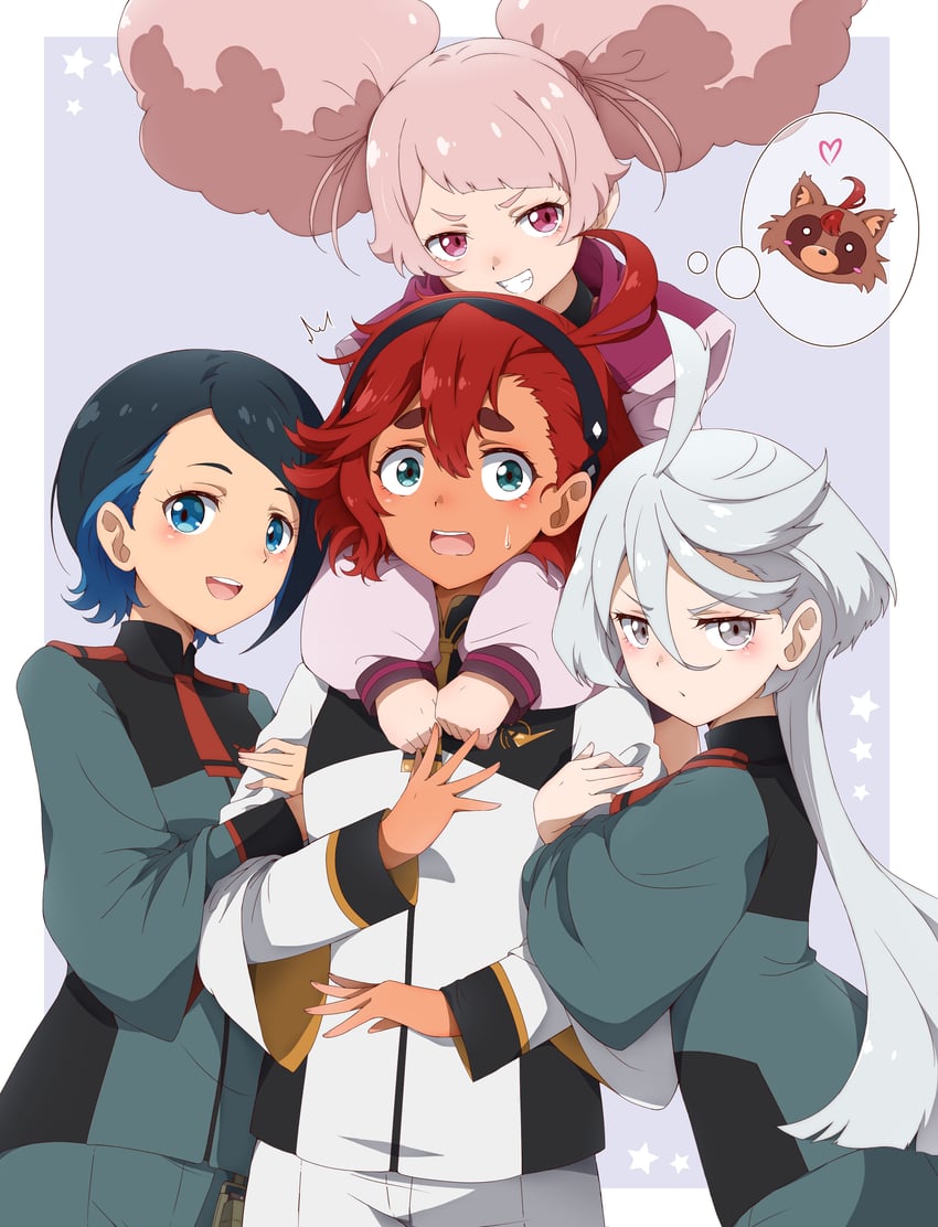 suletta mercury, miorine rembran, chuatury panlunch, and nika nanaura (gundam and 1 more) drawn by eggman_(ni_tamagoex)