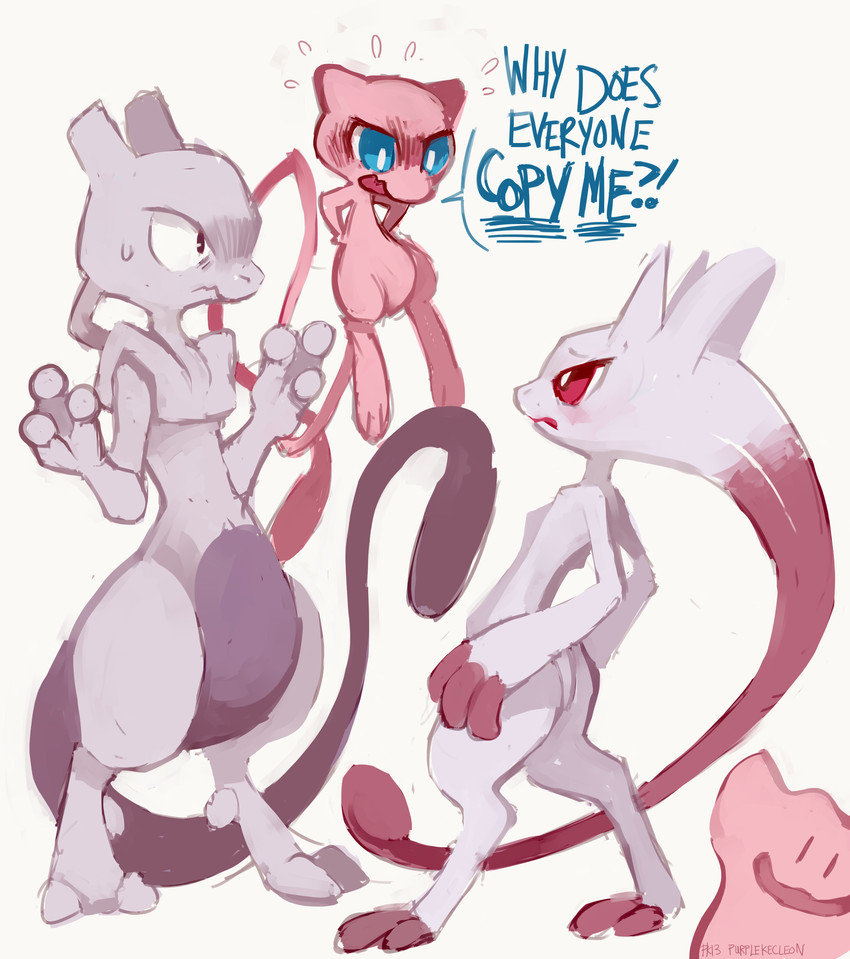 mew, mewtwo, ditto, and mega mewtwo y (pokemon) drawn by glitchedpuppet