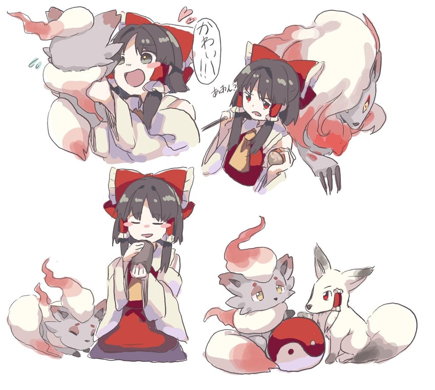 hakurei reimu, hisuian zorua, and hisuian zoroark (touhou and 1 more) drawn by matsukuzu
