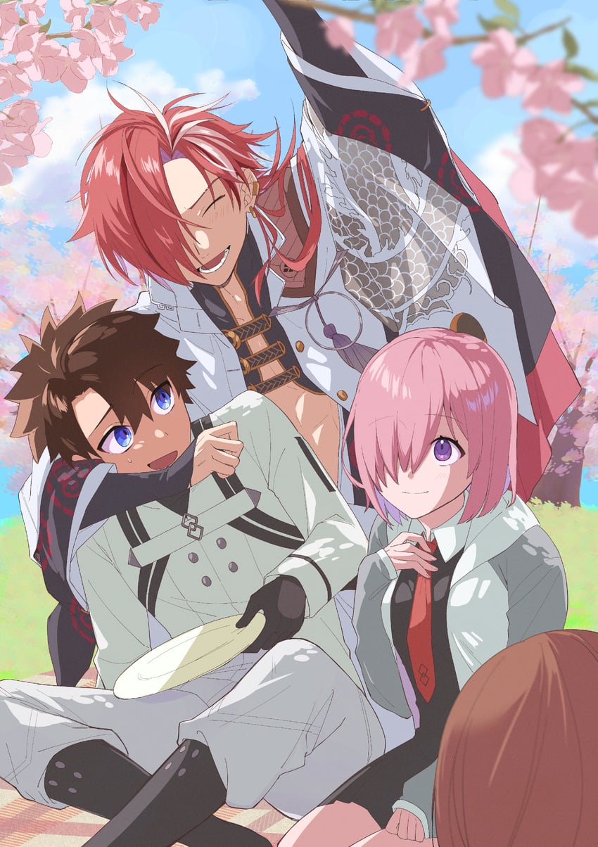 mash kyrielight, fujimaru ritsuka, and takasugi shinsaku (fate and 1 more) drawn by harusaki_(176biz)