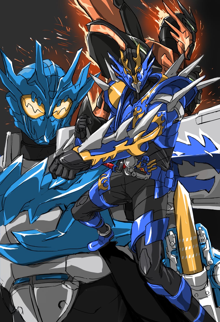 kamen rider cross-z, kamen rider cross-z magma, and kamen rider cross-z charge (kamen rider and 1 more) drawn by mamesi_(suhk8583)