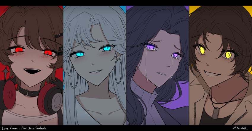 victoria qi, iris wen, nyx xia, and eleanor si (love curse: find your soulmate) drawn by komitaki