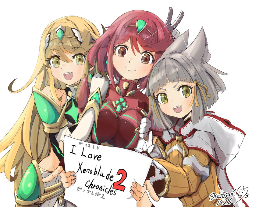 pyra, mythra, and nia (xenoblade chronicles and 1 more) drawn by sofusan1526