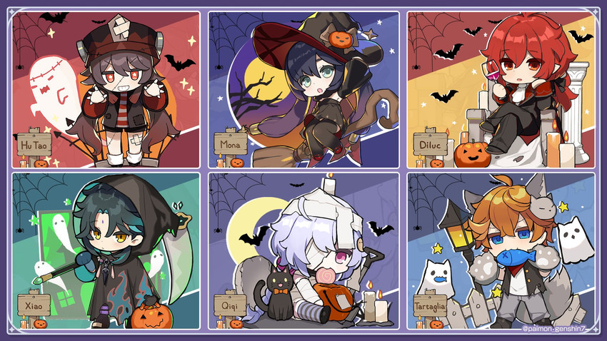hu tao, mona, tartaglia, xiao, boo tao, and 2 more (genshin impact)