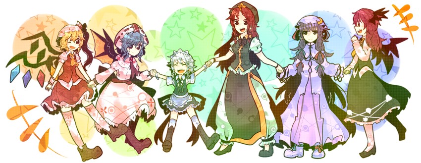remilia scarlet, flandre scarlet, izayoi sakuya, patchouli knowledge, hong meiling, and 1 more (touhou and 1 more) drawn by itomugi-kun
