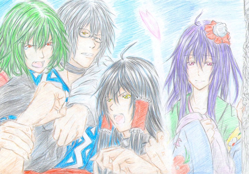 kazami yuuka, morichika rinnosuke, sendai hakurei no miko, and hieda no aya (original and 2 more) drawn by you_(esparda)