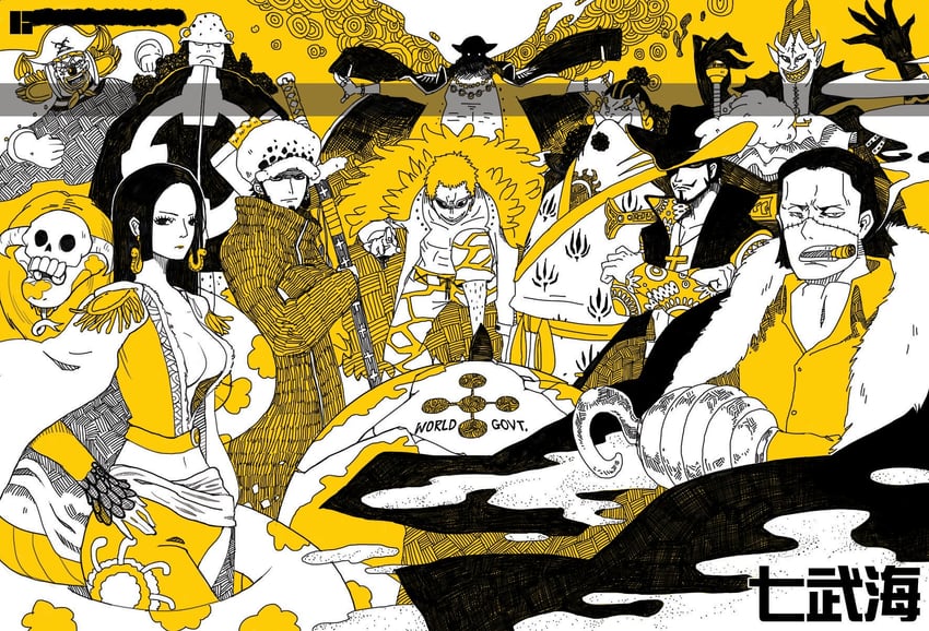 trafalgar law, boa hancock, donquixote doflamingo, crocodile, buggy the clown, and 6 more (one piece) drawn by steelscarlet