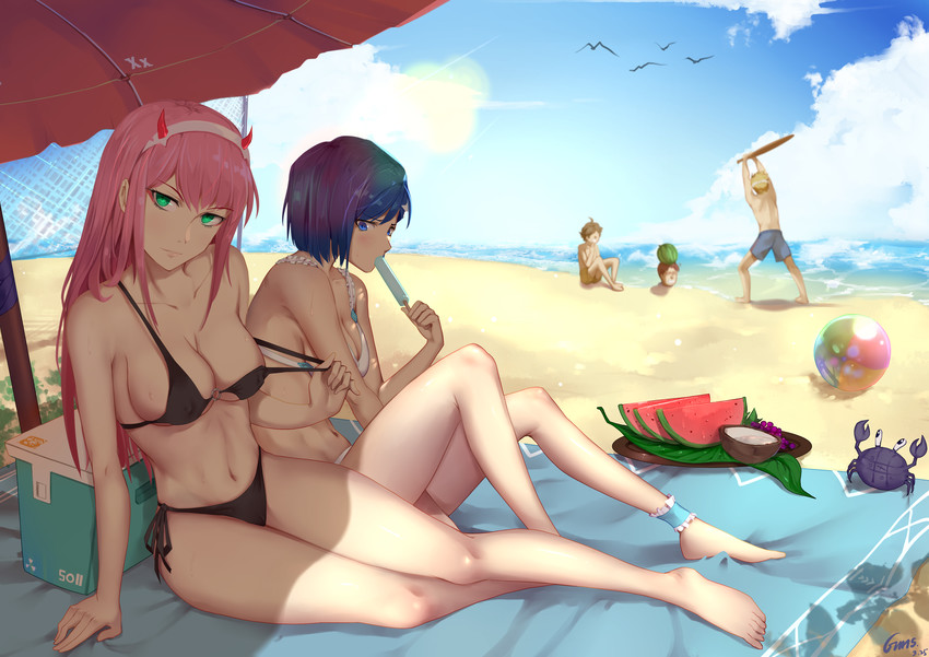 zero two, ichigo, gorou, zorome, and futoshi (darling in the franxx) drawn by gins