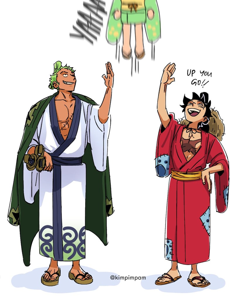 monkey d. luffy, roronoa zoro, and kurozumi tama (one piece) drawn by kimpimpam