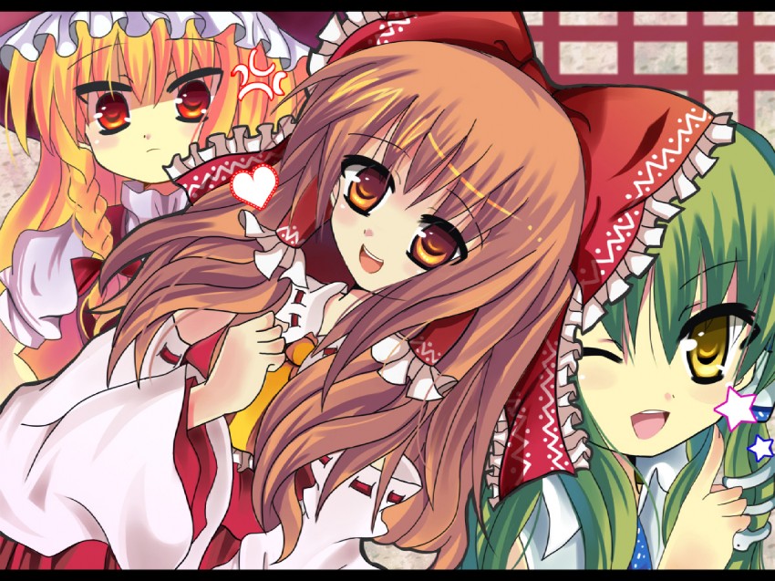 hakurei reimu, kirisame marisa, and kochiya sanae (touhou) drawn by kittyhazel