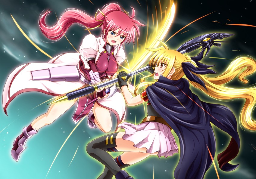 fate testarossa, signum, laevatein, and bardiche (lyrical nanoha and 4 more) drawn by diesel-turbo