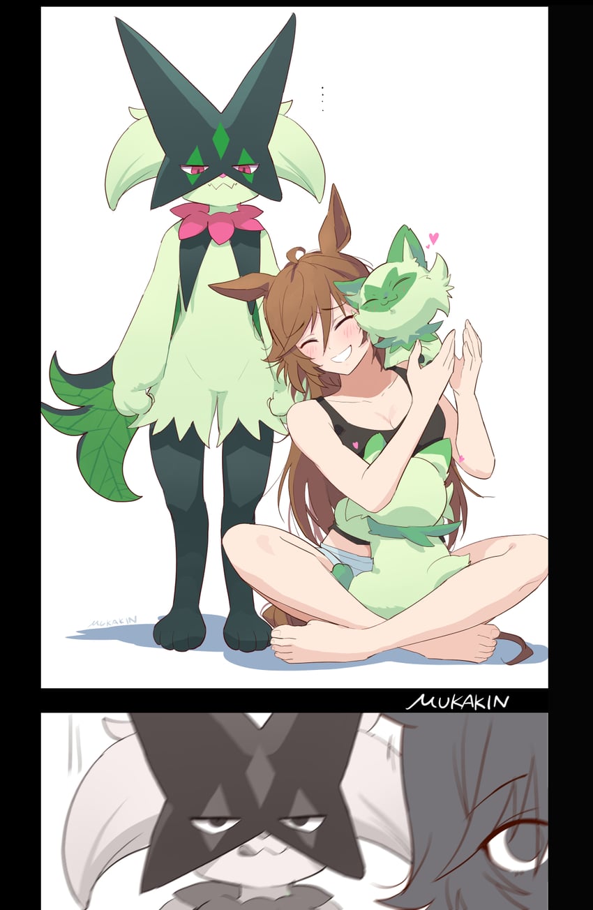 mr. c.b., sprigatito, and meowscarada (pokemon and 1 more) drawn by mukakin