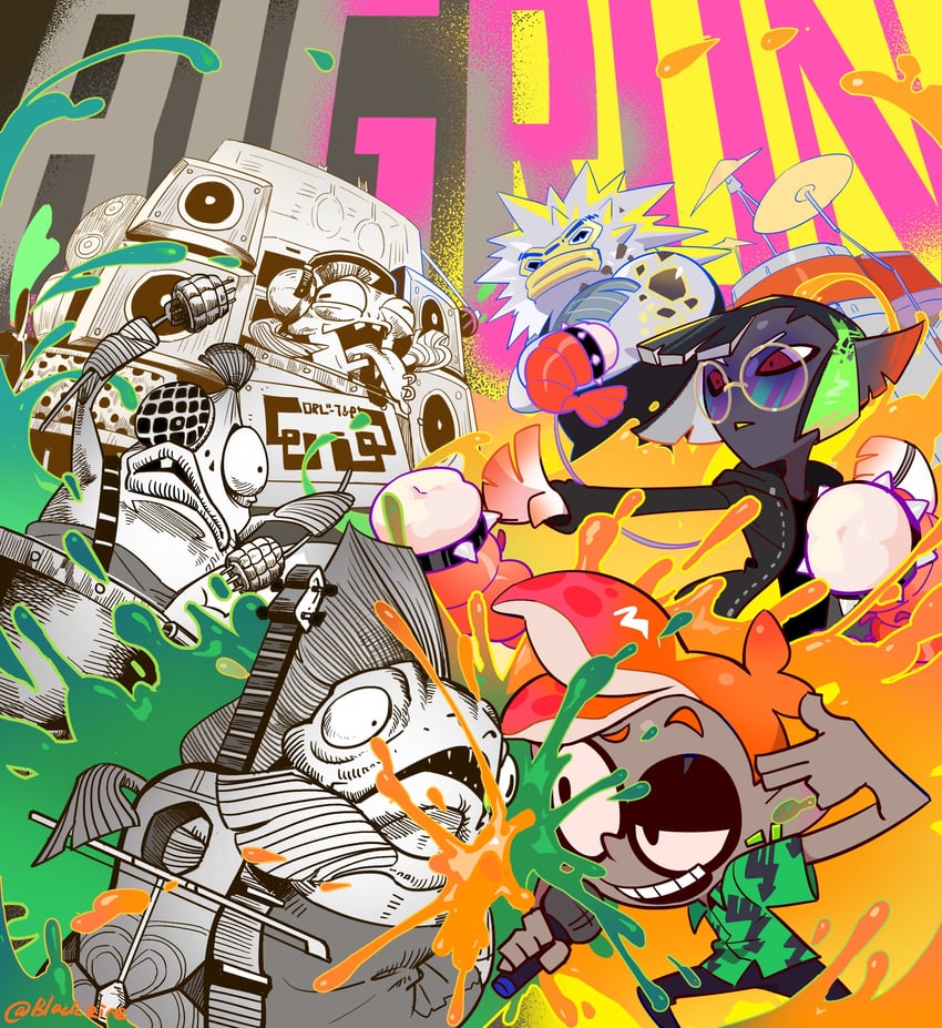 kiki, baker, walter, the faithful servant of the true salmon emperor hizunamasu, the valiant green flame born in jigokudani, and 1 more (splatoon and 1 more) drawn by milifeimili