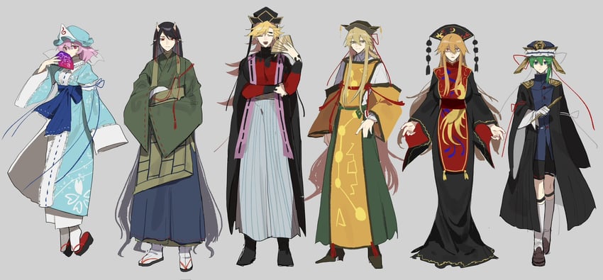saigyouji yuyuko, shiki eiki, junko, matara okina, nippaku zanmu, and 1 more (touhou and 1 more) drawn by fuuga_(perv_rsity)