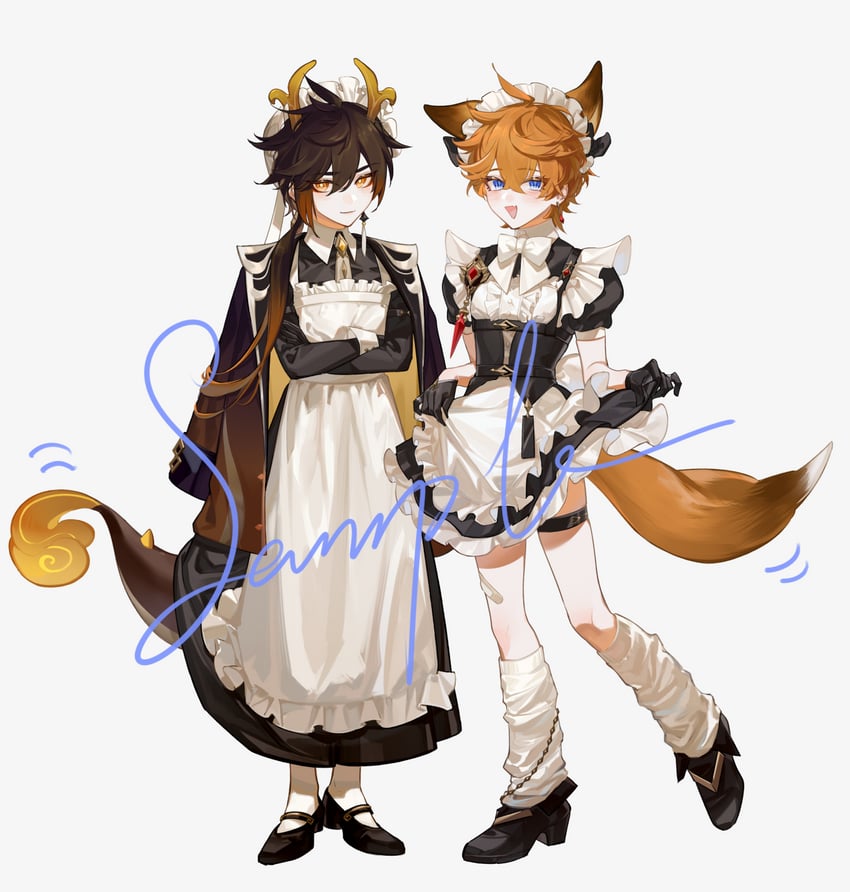 zhongli and tartaglia (genshin impact) drawn by qinnye