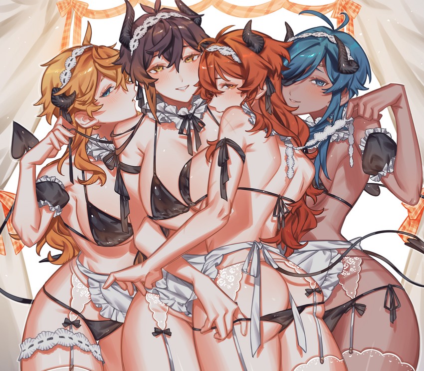 zhongli, tartaglia, diluc, and kaeya (genshin impact) drawn by crow_3434