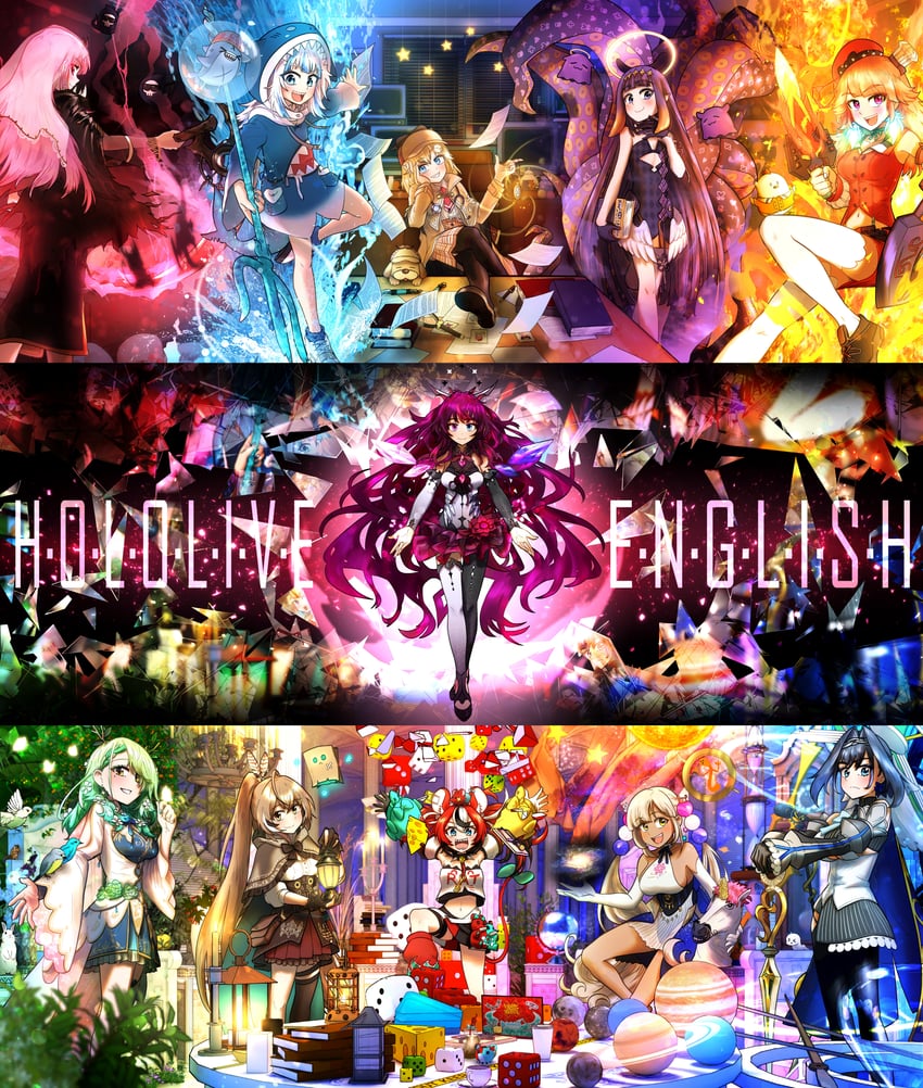 gawr gura, mori calliope, ninomae ina'nis, ouro kronii, nanashi mumei, and 6 more (hololive and 1 more) drawn by ddolbang