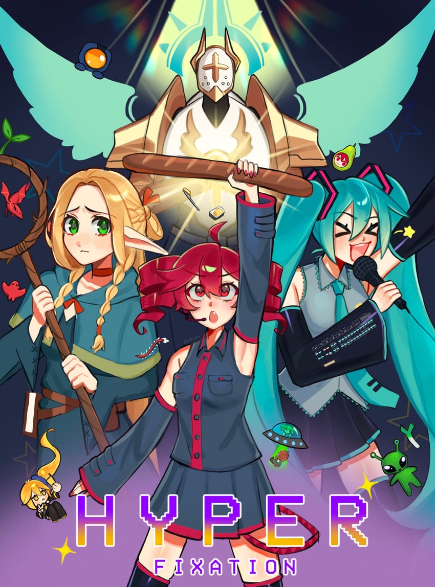 hatsune miku, kasane teto, marcille donato, akita neru, pearto, and 1 more (vocaloid and 3 more) drawn by riinchu