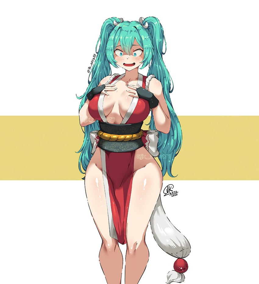 hatsune miku and shiranui mai (vocaloid and 1 more) drawn by jk_arts