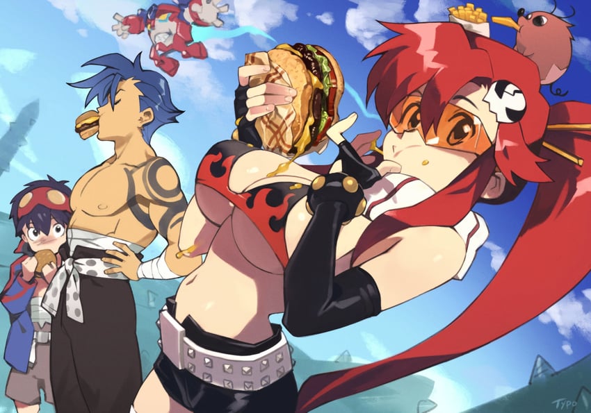 yoko littner, simon, kamina, boota, and lagann (tengen toppa gurren lagann) drawn by optionaltypo