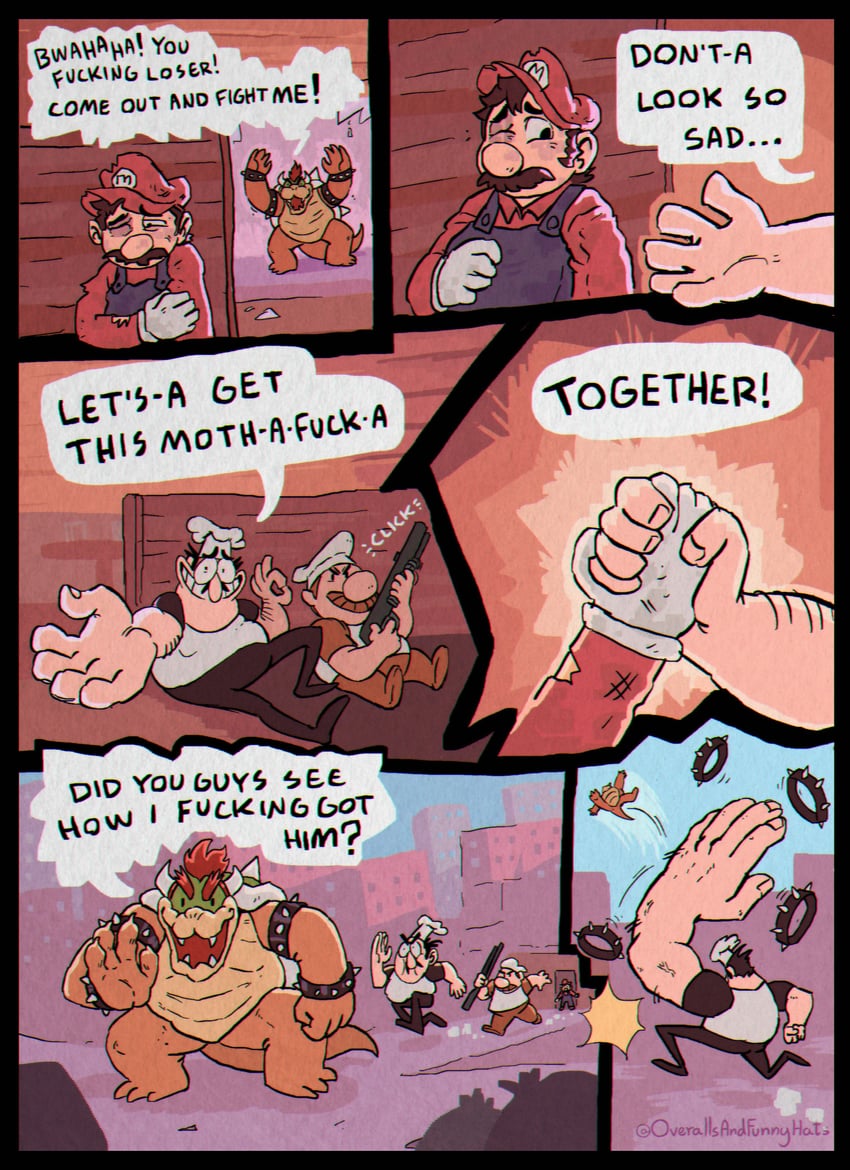 mario, bowser, peppino spaghetti, and gustavo (mario and 1 more) drawn by overallsandfunnyhats