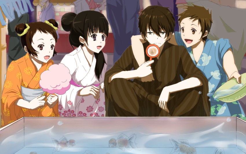 chitanda eru, oreki houtarou, ibara mayaka, and fukube satoshi (hyouka) drawn by minalos