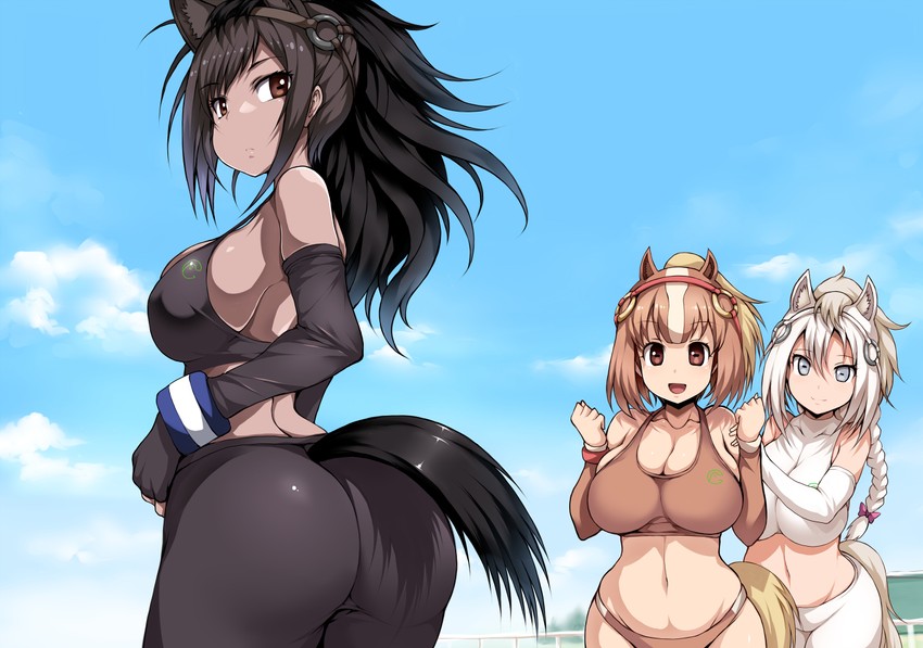 brown thoroughbred, chestnut thoroughbred, and white thoroughbred (kemono friends and 1 more) drawn by tsukasawa_takamatsu