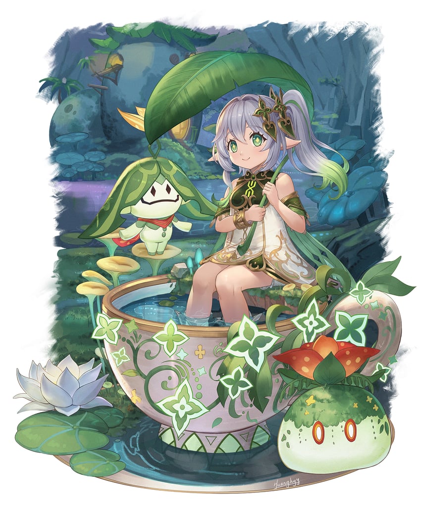 nahida, slime, aranara, and dendro slime (genshin impact) drawn by huanghyy