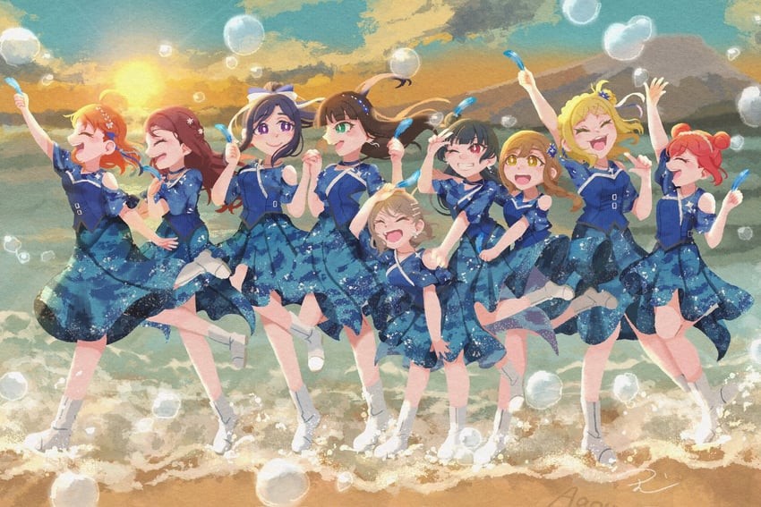 watanabe you, tsushima yoshiko, sakurauchi riko, takami chika, matsuura kanan, and 4 more (love live! and 1 more) drawn by tsumutsumumumu