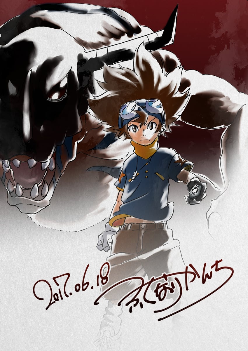 yagami taichi and greymon (digimon and 1 more) drawn by fukunari_kanchi