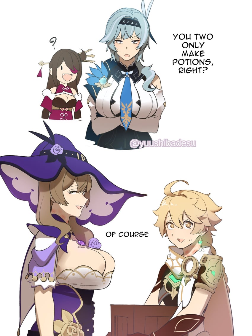 aether, eula, lisa, and beidou (genshin impact) drawn by yuushiba