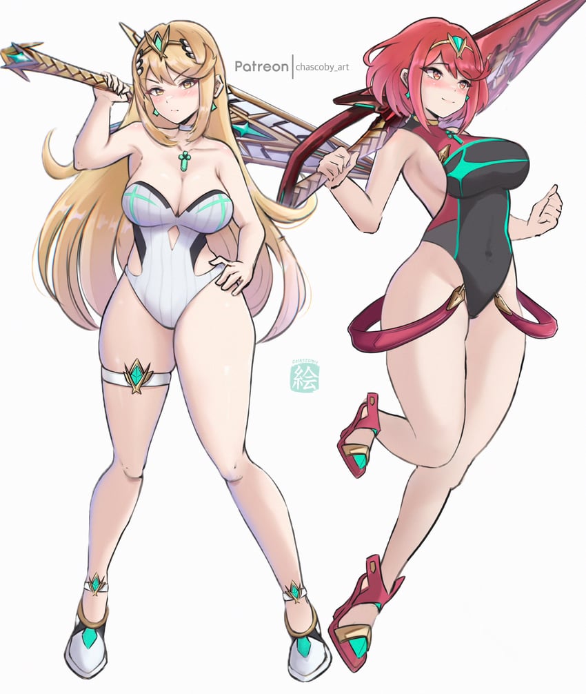 pyra and mythra (xenoblade chronicles and 1 more) drawn by chascoby