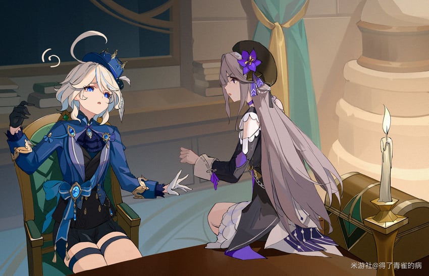 furina and herta (genshin impact and 3 more) drawn by chiboluodeboluo