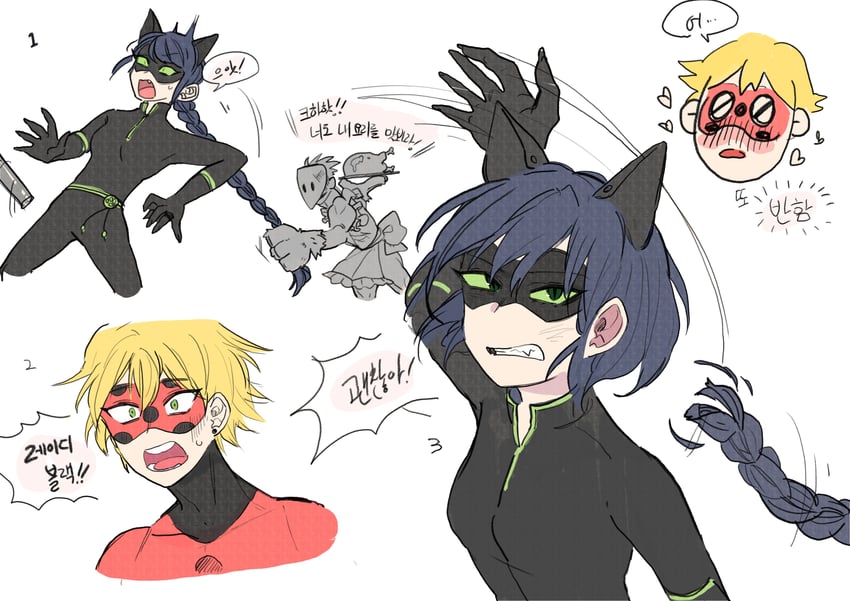 marinette dupain-cheng, adrien agreste, lady noir, and misterbug (miraculous ladybug) drawn by rnsth321