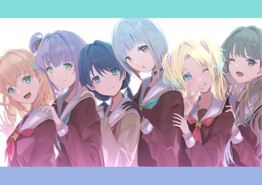 hinoshita kaho, fujishima megumi, otomune kozue, murano sayaka, yugiri tsuzuri, and 1 more (love live! and 1 more) drawn by yanase_eiwa