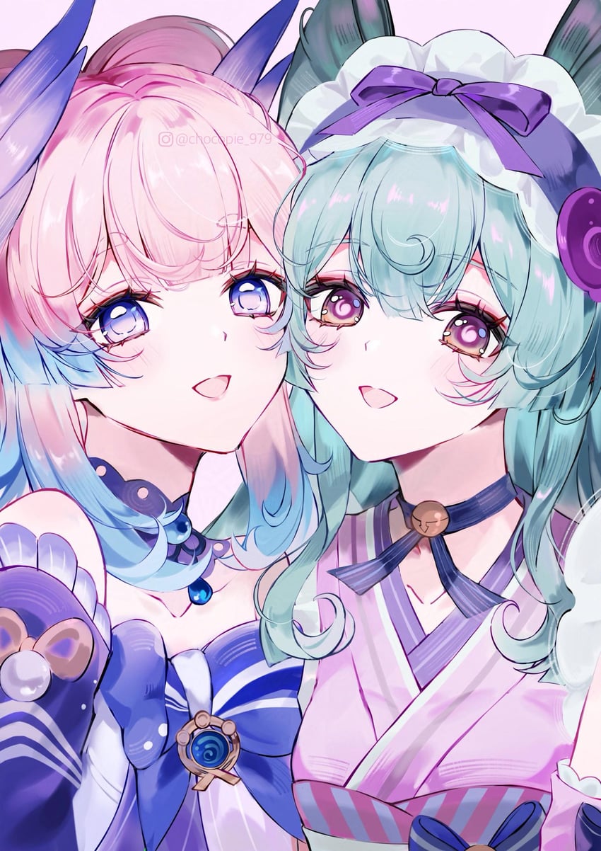 sangonomiya kokomi and yumemizuki mizuki (genshin impact) drawn by chocopie_97