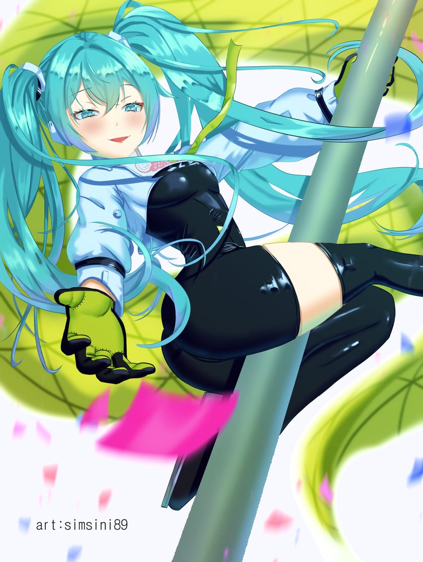 hatsune miku and racing miku (vocaloid and 1 more) drawn by simsini