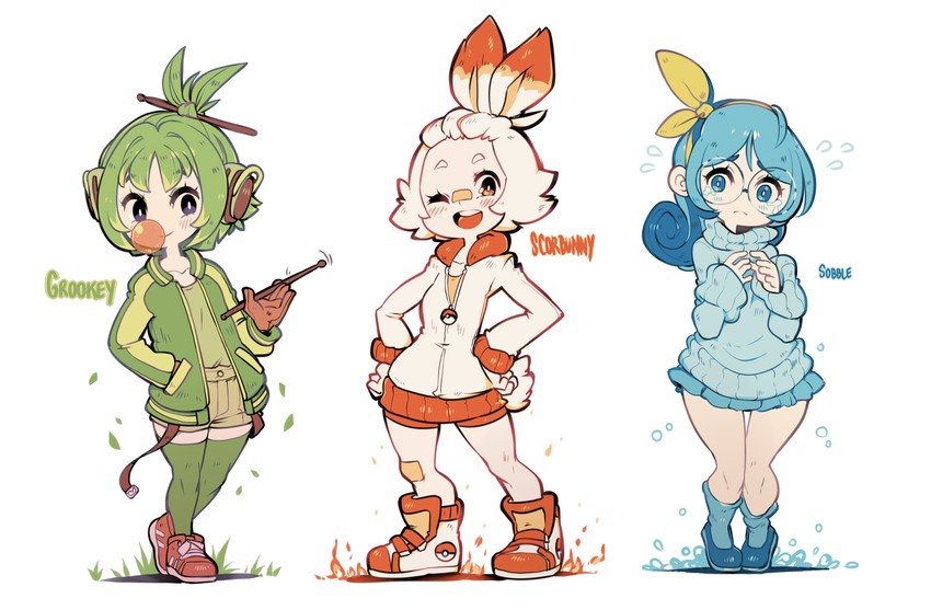 scorbunny, sobble, and grookey (pokemon) drawn by parororo