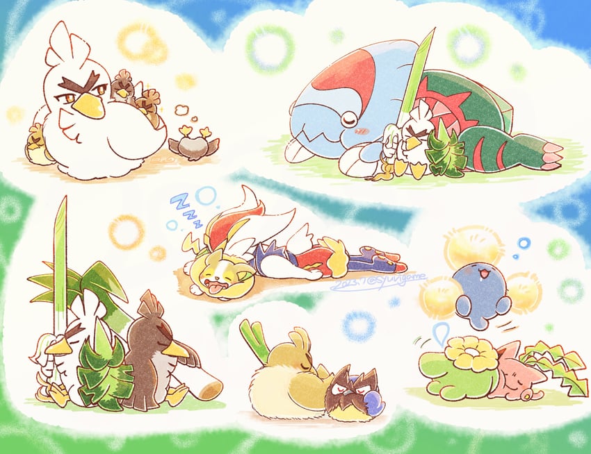 cinderace, yamper, hoppip, sirfetch'd, jumpluff, and 5 more (pokemon) drawn by shuri_(syurigame)