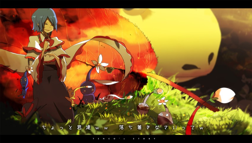 nagae iku, red pikmin, yellow pikmin, blue pikmin, purple pikmin, and 3 more (touhou and 2 more) drawn by siirakannu