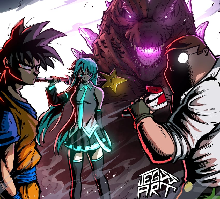 hatsune miku, son goku, godzilla, peter griffin, and godzilla evolved (vocaloid and 7 more) drawn by jegssart