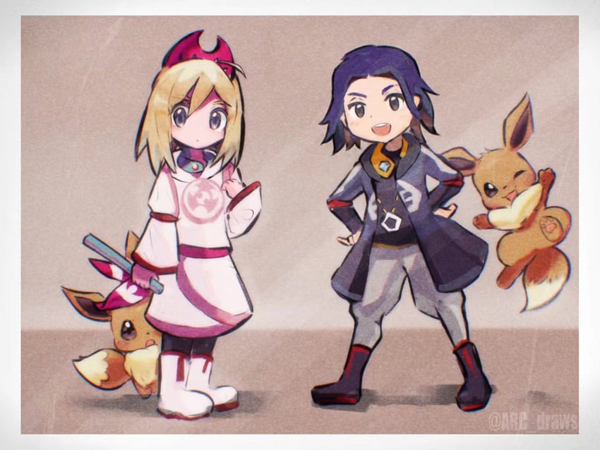 eevee, irida, and adaman (pokemon and 1 more) drawn by arc_draws
