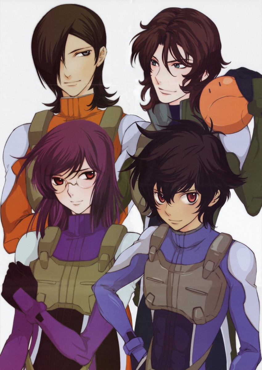 haro, tieria erde, setsuna f. seiei, lockon stratos, and allelujah haptism (gundam and 1 more) drawn by kouga_yun